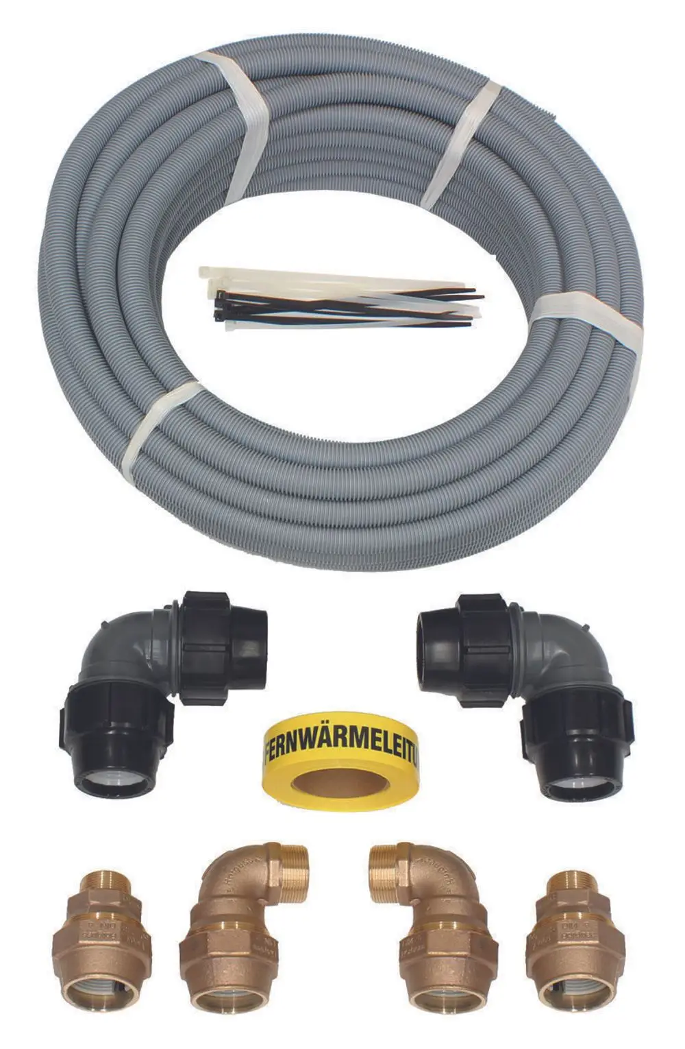 Installationsset mit grauem Schlauch, Verbindungsteilen und einem gelben Dämmband. Geeignet für Anwendungen, die mit Vaillant-Systemen verbunden sind.